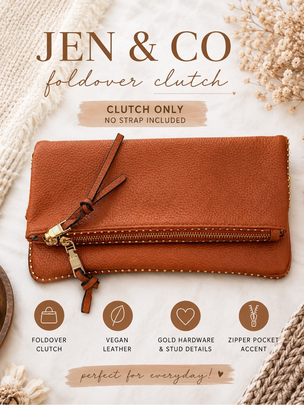 Jen & Co Foldover Clutch Cognac Studded Vegan Leather Bag